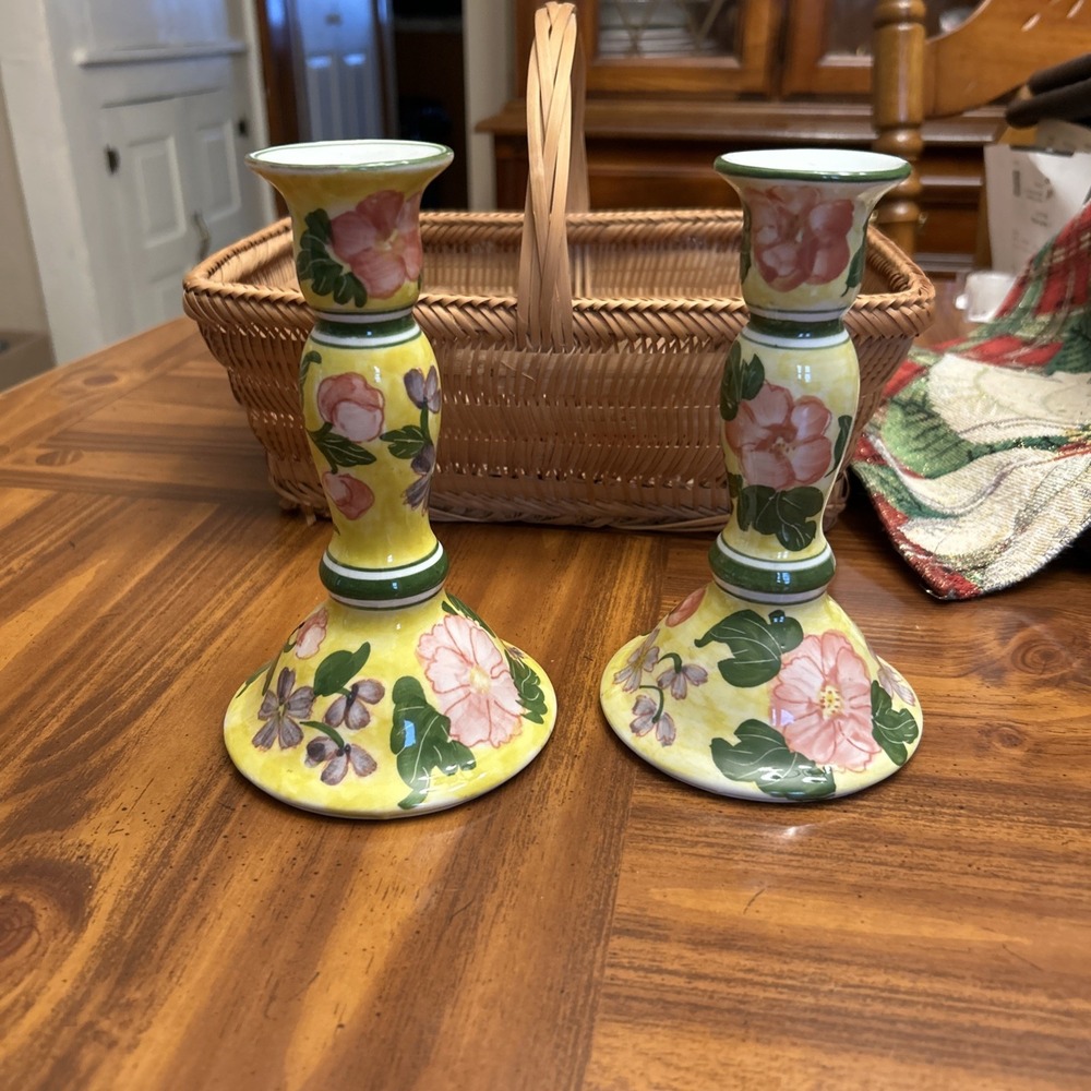Andrea By Sadek Spring Floral Ceramic Taper Candle Holders 7" Tall Yellow Set 2